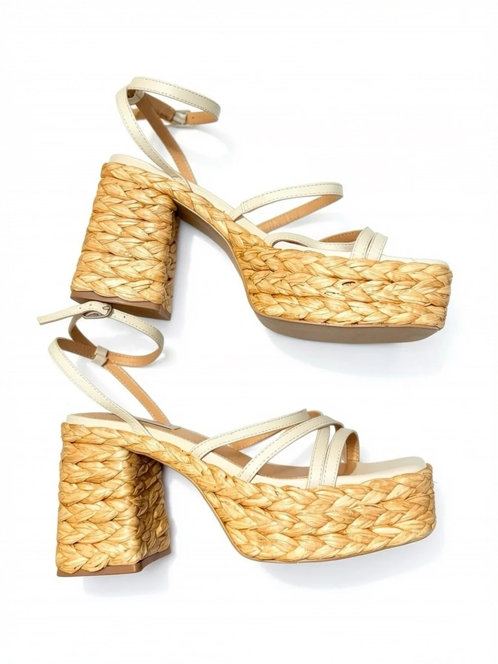 Steve Madden NWT Belise White Leather Raffia Platform Block Heel Sandals 7.5M